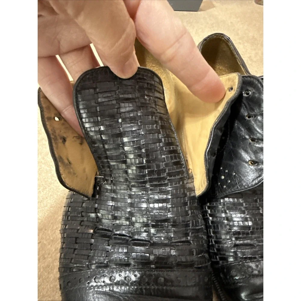 Vtg Mens 8.5 Dress Shoes Black‎ Woven Leather Cap Toe Lace Up Old Money Preppy